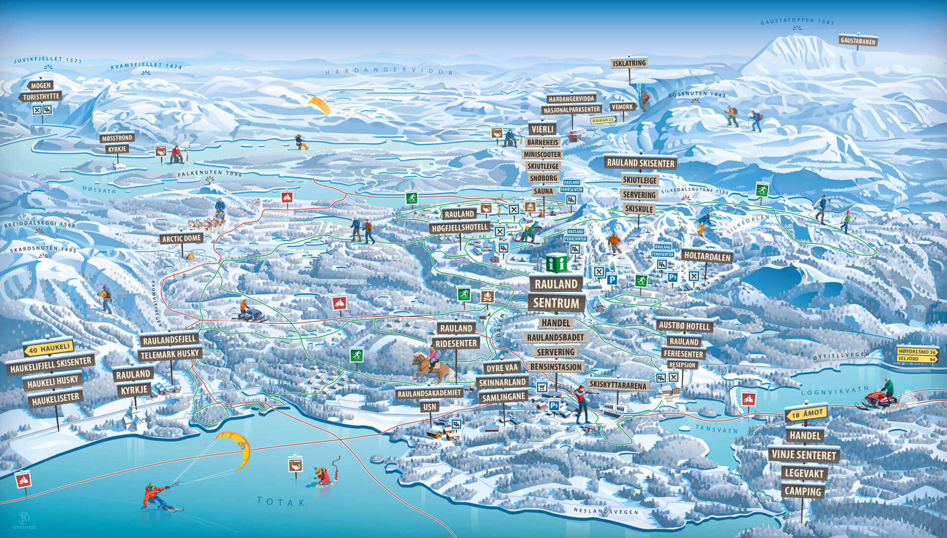 Kart over Rauland og omegn med ski- og turiststeder, aktiviteter og overnattingsmuligheter i området.