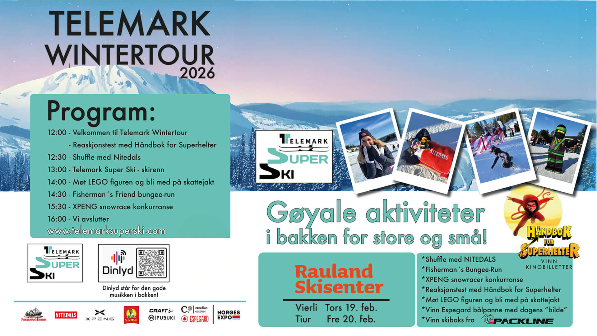 Program for Telemark Wintertour 2026 med aktiviteter for barn og voksne på Rauland Skisenter, 19.-20. feb.