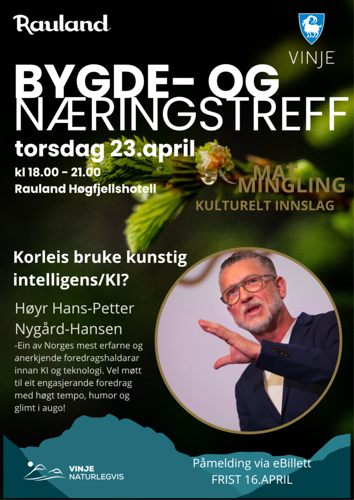 Alt-tekst: Plakat for Bygde- og næringstreff i Rauland 23. april med fokus på kunstig intelligens og kultur.