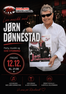 Alt-tekst: Plakat for live musikk med Jørn Dønnesstad på Rauland Høgfjellshotell, fredag 12.12 kl. 21:00.