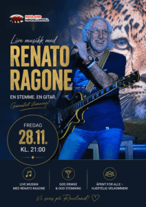 Alt-tekst: Live musikk med Renato Ragone på Rauland Høgfjellshotell, fredag 28.11. Kl. 21:00. God stemning!