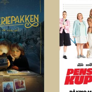 Filplakat for 'Mysteriepakkene' og 'Pensjonskuppet' med barn og kvinner i spennende situasjoner.