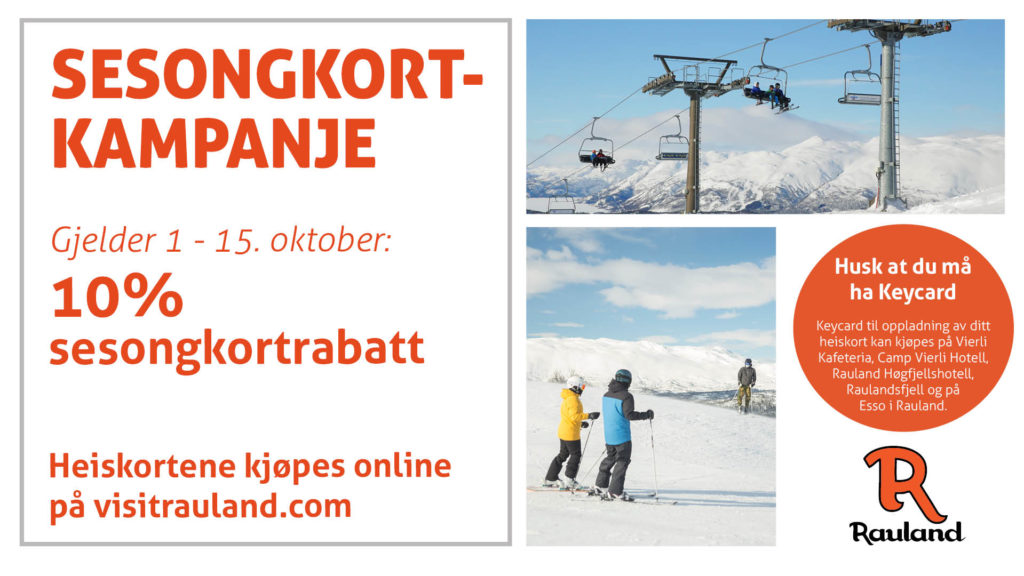 Sesongkortkampanje i Rauland: 10% rabatt på heiskort fra 1.-15. oktober. Kjøp online på visitrauland.com.
